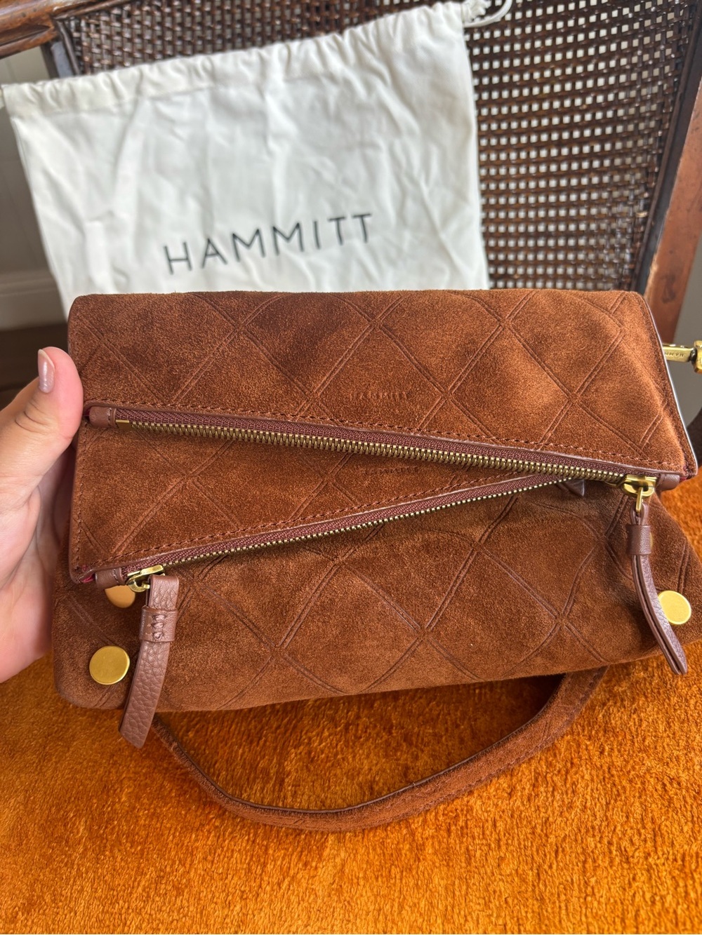 Hammitt Dillon Small Chocolate Diamond Suede Foldover Crossbody Antique Brass - Picture 2 of 9
